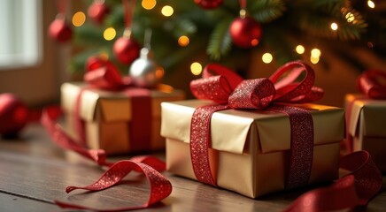 Two presents sitting on a table with a christmas tree in the background