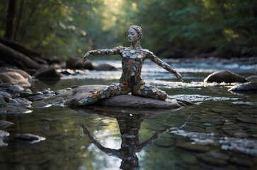 Artistic figure covered in stones sitting in a serene river during morning light