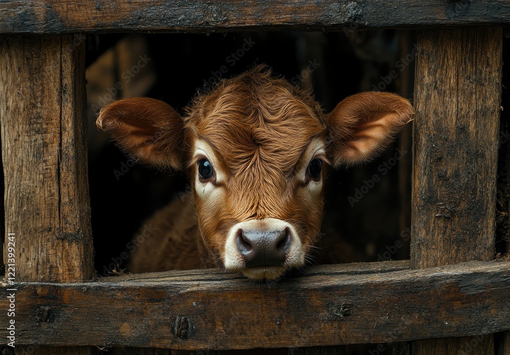 Poster close-up view of a curious calf sticking its head through a wooden fence with textured fur and expre