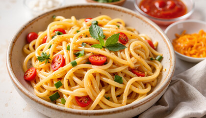 Delicious pasta dish with cherry tomatoes and herbs, culinary delight
