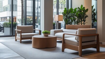 Fototapeta premium Modern Lobby Interior Design: Tranquil Space with Wooden Furniture and Natural Light