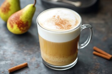 A fresh pear cinnamon latte with a smooth foam top and a dusting of cinnamon.
