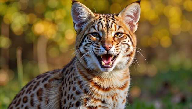 Cheerful serval with spotted coat in lush green environment, wild beauty