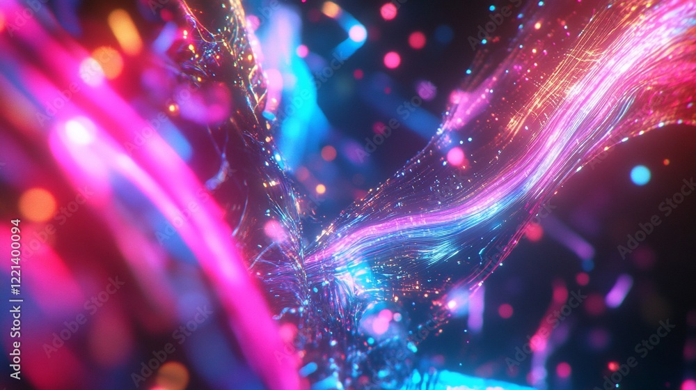Poster abstract image of swirling light trails with colorful bokeh effects on a dark background