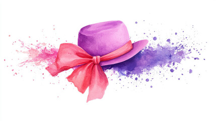 chic watercolor hat with pink ribbon, surrounded by colorful splashes