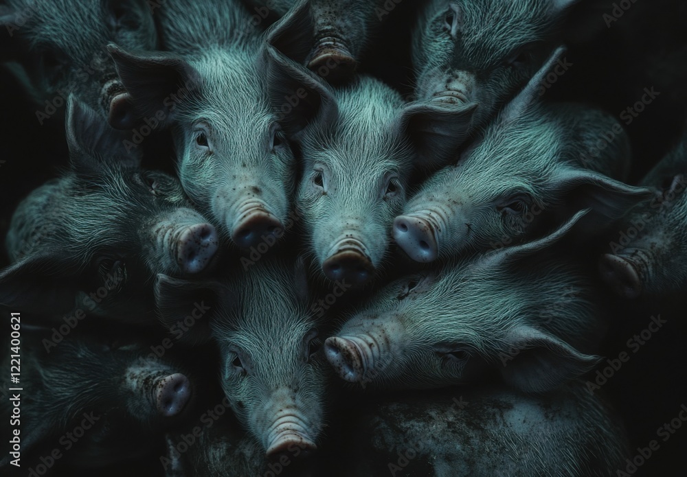 Poster close-up view of multiple pigs' faces featuring unique textures and expressions in soft lighting, ca
