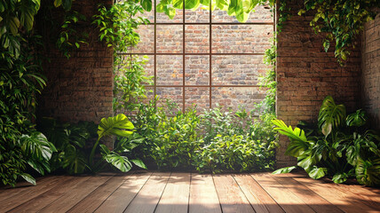 Loft interior with exposed brick wall, wooden floor, and lush green plants under natural light.