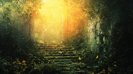 Fototapeta premium Mystical Stone Staircase Leading Toward Glowing Light Surrounded by Lush Greenery and Golden Sunlight.