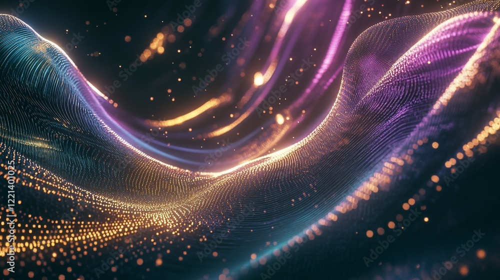 Poster abstract digital art with glowing particles and wave patterns in a dark background