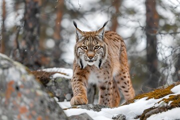 Obraz premium A lynx walking across a snow covered forest