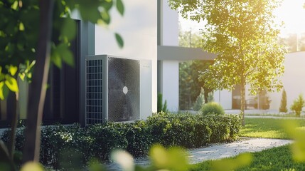 Outdoor air conditioning unit mounted on a modern building surrounded by greenery and sunlight, symbolizing energy efficiency and eco-friendly cooling. Perfect for sustainability and HVAC themes.