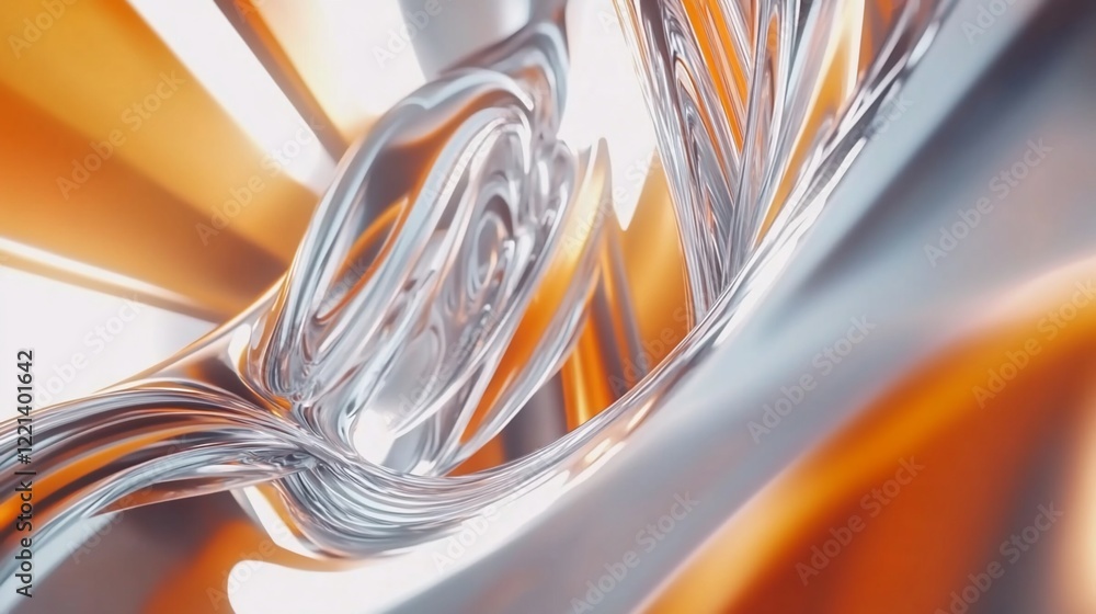 Poster abstract futuristic scene with swirling silver and orange metallic elements creating a dynamic flow