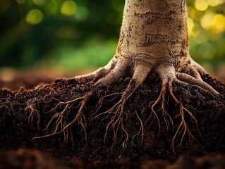 Close-up of tree roots spreading through rich soil, showcasing natural growth and stability. Perfect for ecosystem, botany, and environmental themes.