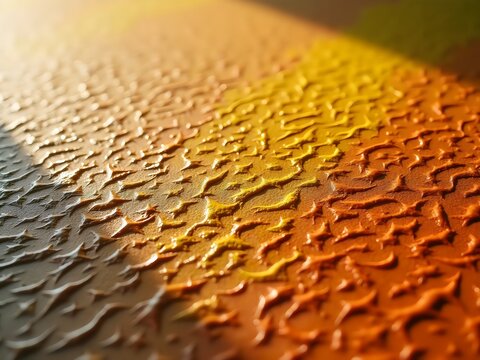 Textured Surface Macro Close-Up: Gray to Orange Gradient Transition, Cracked Patterns with Tactile Depth, Directional Lighting, Dynamic Organic Movement