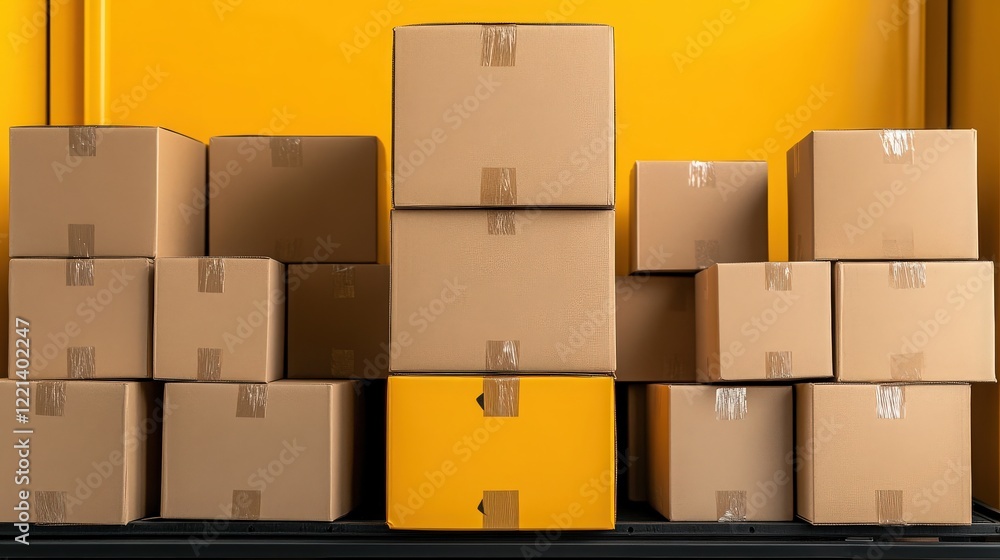 Aufkleber a stack of cardboard boxes: a close-up view of a stack of cardboard boxes, neatly arranged in a yell