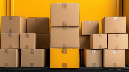 A Stack of Cardboard Boxes: A close-up view of a stack of cardboard boxes, neatly arranged in a yellow truck bed. The image conveys a sense of organization, efficiency, and shipping or logistics.