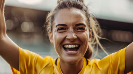 Cheerful athlete celebrating victory on the soccer field during an afternoon match in bright sunlight