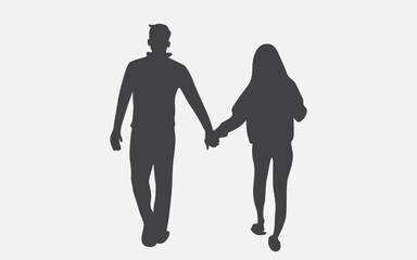 Silhouette of a girl and a guy walking hand in hand in vector, flat style.
