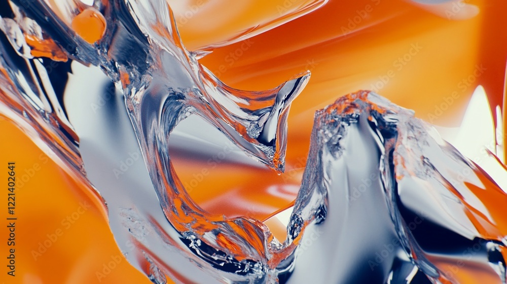 Poster abstract metallic fluid artwork in orange and silver color creating dynamic shapes and reflections
