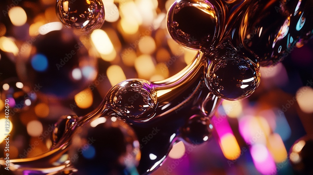 Wall mural abstract dark shiny liquid spheres with bokeh background on a colourful abstract render