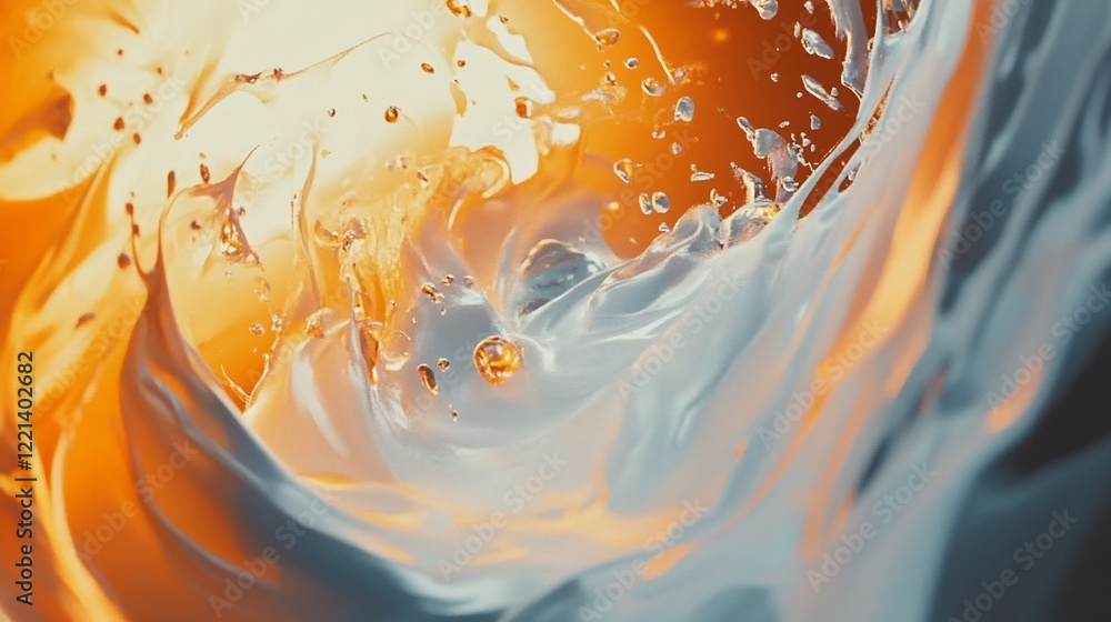 Poster abstract fluid art with silver and orange hues creating a dynamic swirling motion
