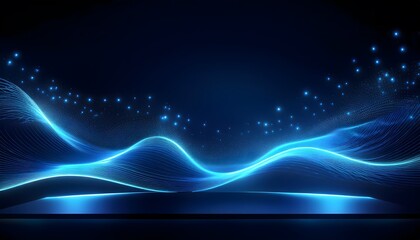 Neon Wave abstract background, Isolated on a dark background, Blue Neon wave with glow, Technology, network, internet concept, Copyspace with an empty table 