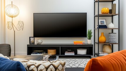 Stylish living room with a large flat-screen TV, modern shelving, and pops of color from decorative cushions and a chic lamp, creating an inviting atmosphere.
