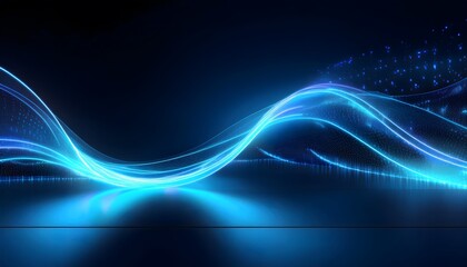 Neon Wave abstract background, Isolated on a dark background, Blue Neon wave with glow, Technology, network, internet concept, Copyspace with an empty table 