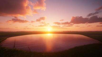 Fototapeta premium Sunset Over Floating Solar Panels In A Field