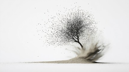A stark depiction of a tree transforming into dust against a white backdrop