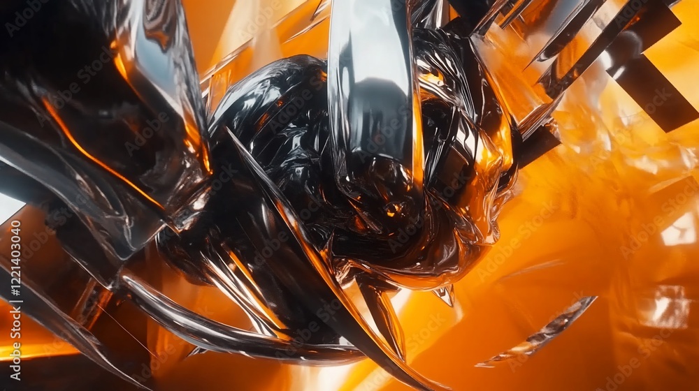 Poster abstract metallic forms in black and silver on a dynamic orange background