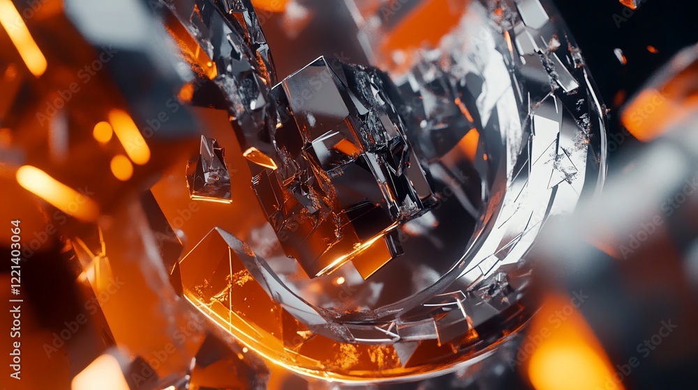 Poster abstract broken reflective crystal objects with bright orange light effects in dark background