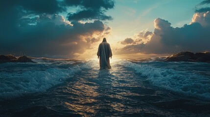 Fototapeta premium Silhouette of a figure walking on calm ocean waves at sunset under golden light, symbolizing faith, hope, and divine spirituality. Perfect for inspirational and religious themes.