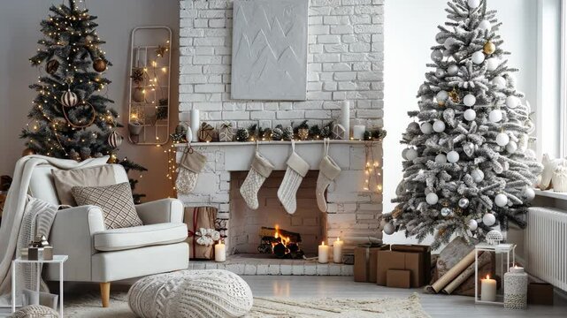 Stylish Scandinavian minimalist Christmas interior with two decorated trees and cozy seating arrangement in a bright room during the holiday season