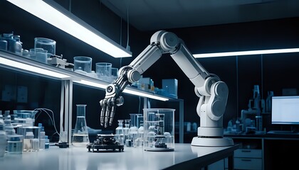 Robotic Arm in a Modern Lab: A Cool Blue Industrial Scene