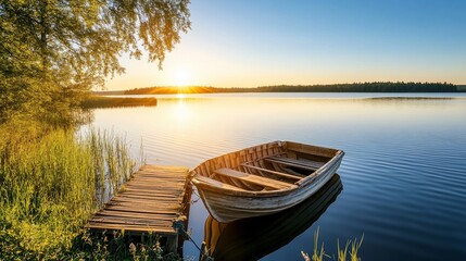 Fototapeta premium Wooden boat at sunrise on lake with peaceful reflection and calm water