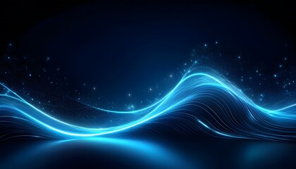 Neon Wave abstract background, Isolated on a dark background, Blue Neon wave with glow, Technology, network, internet concept, Copyspace with empty table 