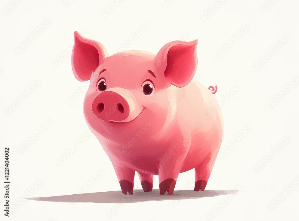 Poster cute cartoon pig character with a cheerful expression standing upright on a plain background, ideal 