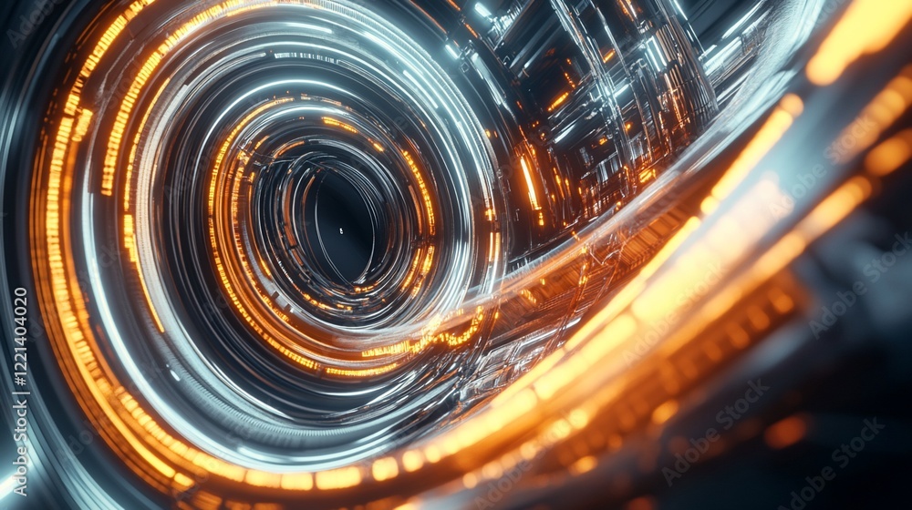 Poster abstract futuristic swirling tunnel with silver and orange glowing lines and intricate patterns