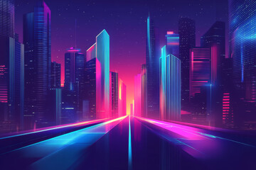 Fototapeta premium vibrant cityscape at twilight, featuring illuminated skyscrapers and neon lights. scene evokes futuristic atmosphere with colorful reflections