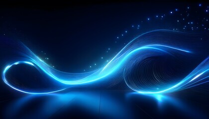 Neon Wave abstract background, Isolated on a dark background, Blue Neon wave with glow, Technology, network, internet concept, Copyspace with empty table 