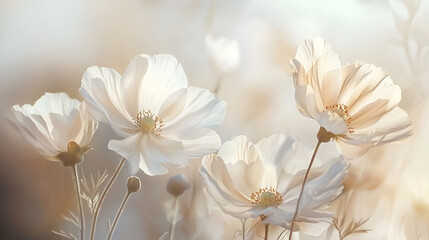 Soft, delicate white flowers in a field bathed in warm sunlight. A serene and peaceful image.