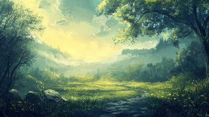 Fantasy Forest Landscape with Sunlit Valley and Misty Mountains in Fairytale Setting