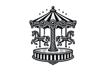 Vintage carousel logo with ornate horses and striped canopy, vector art © Victoria