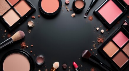 A close up of a table with various makeup products and brushes