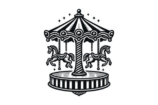 Vintage carousel logo with ornate horses and striped canopy, vector art