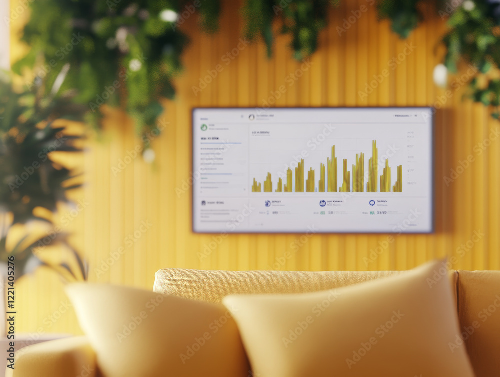 Poster interactive dashboard displayed on wall, with cozy sofa in foreground. vibrant yellow background add