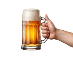 Hand holding a full beer mug, ready to drink.