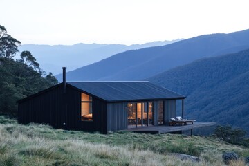 A rectangular mountain retreat with dark timber walls, simple clean lines, and a flat roof