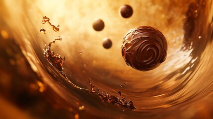 Delicious swirling chocolate spheres suspended in a golden liquid stream